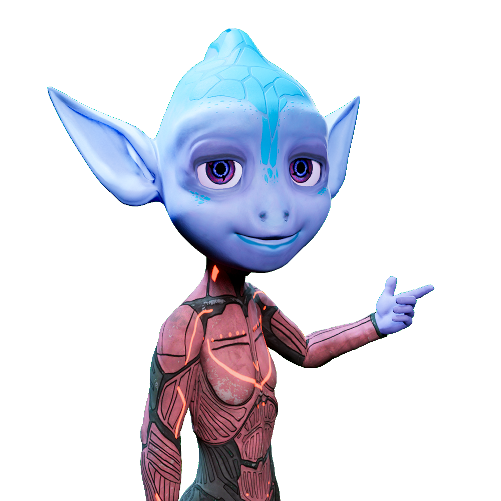 Quasar, an interactive character, pointing toward the call-to-action button