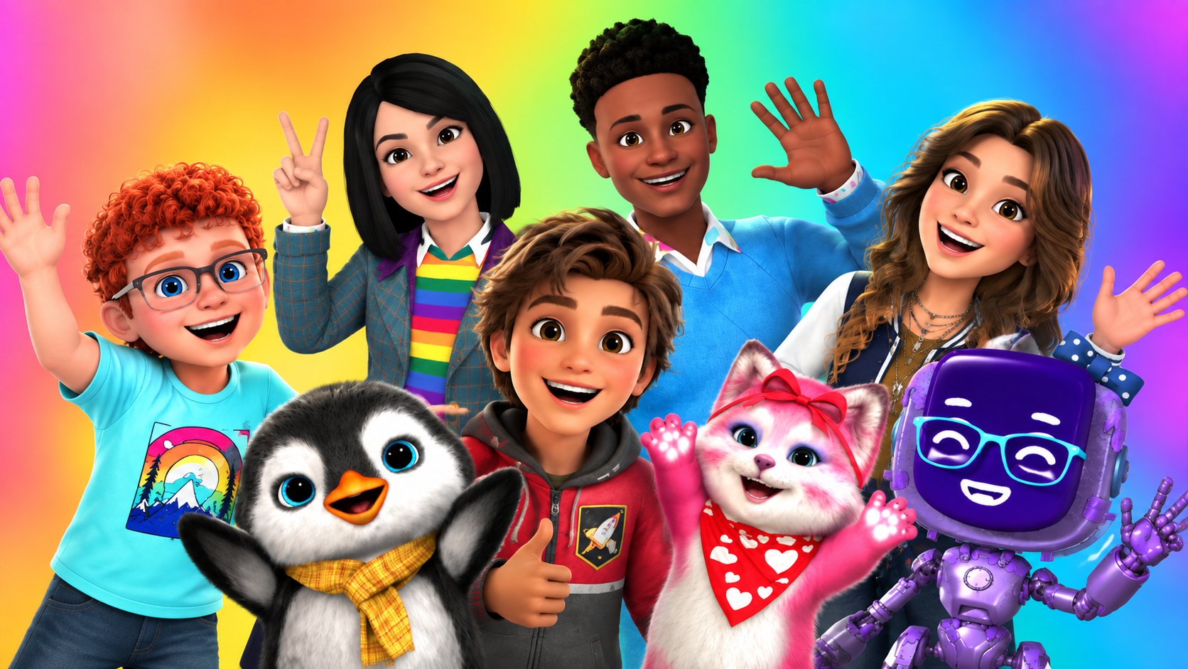 Group of animated students and characters waving on a rainbow background.