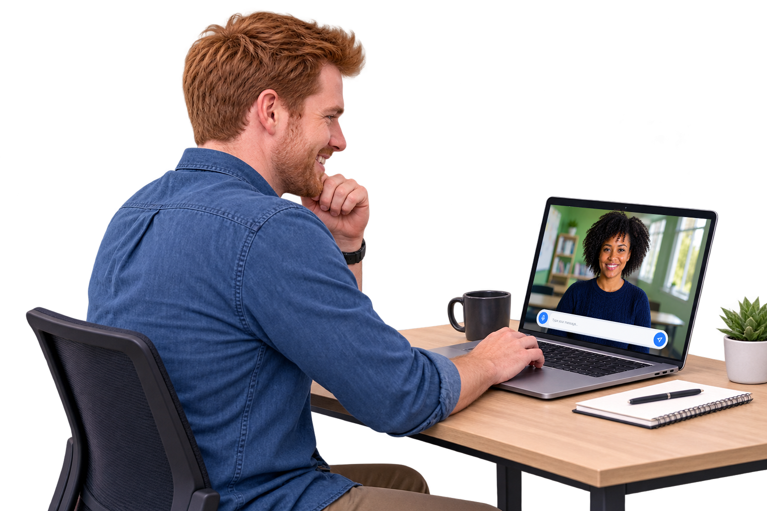 A teacher at his desk chatting with an interactive teaching coach on a laptop