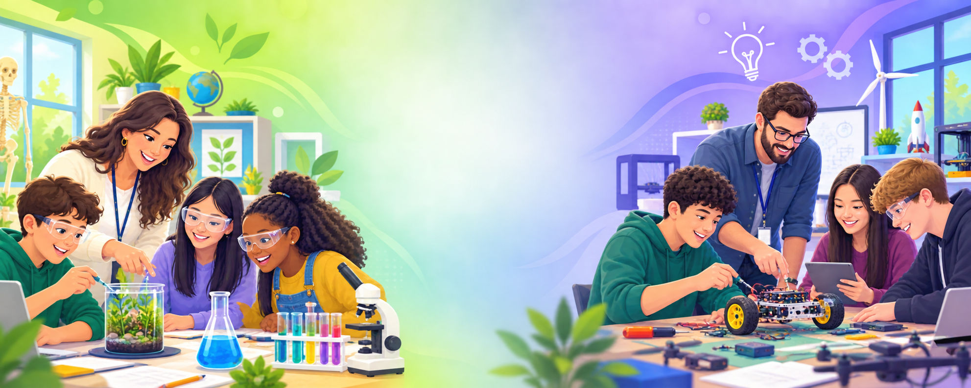 A middle-school science class working with their teacher on the left and a high-school STEM robotics team with their teacher on the right