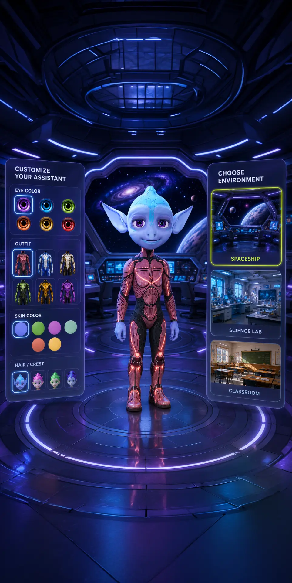 An interactive teaching character designed for learning, shown with design details around it