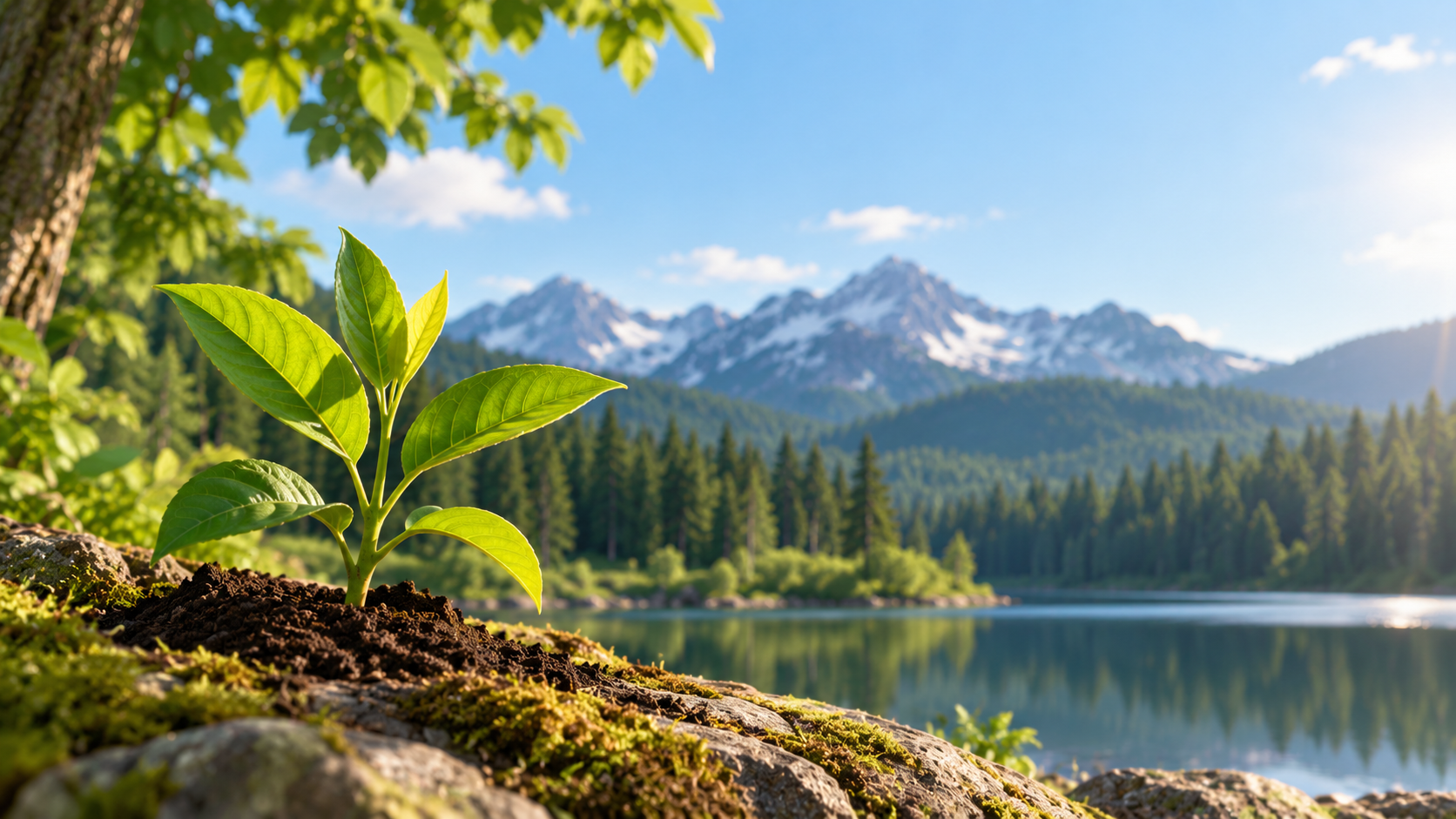 A young seedling growing from mossy rock with a mountain lake in the background.