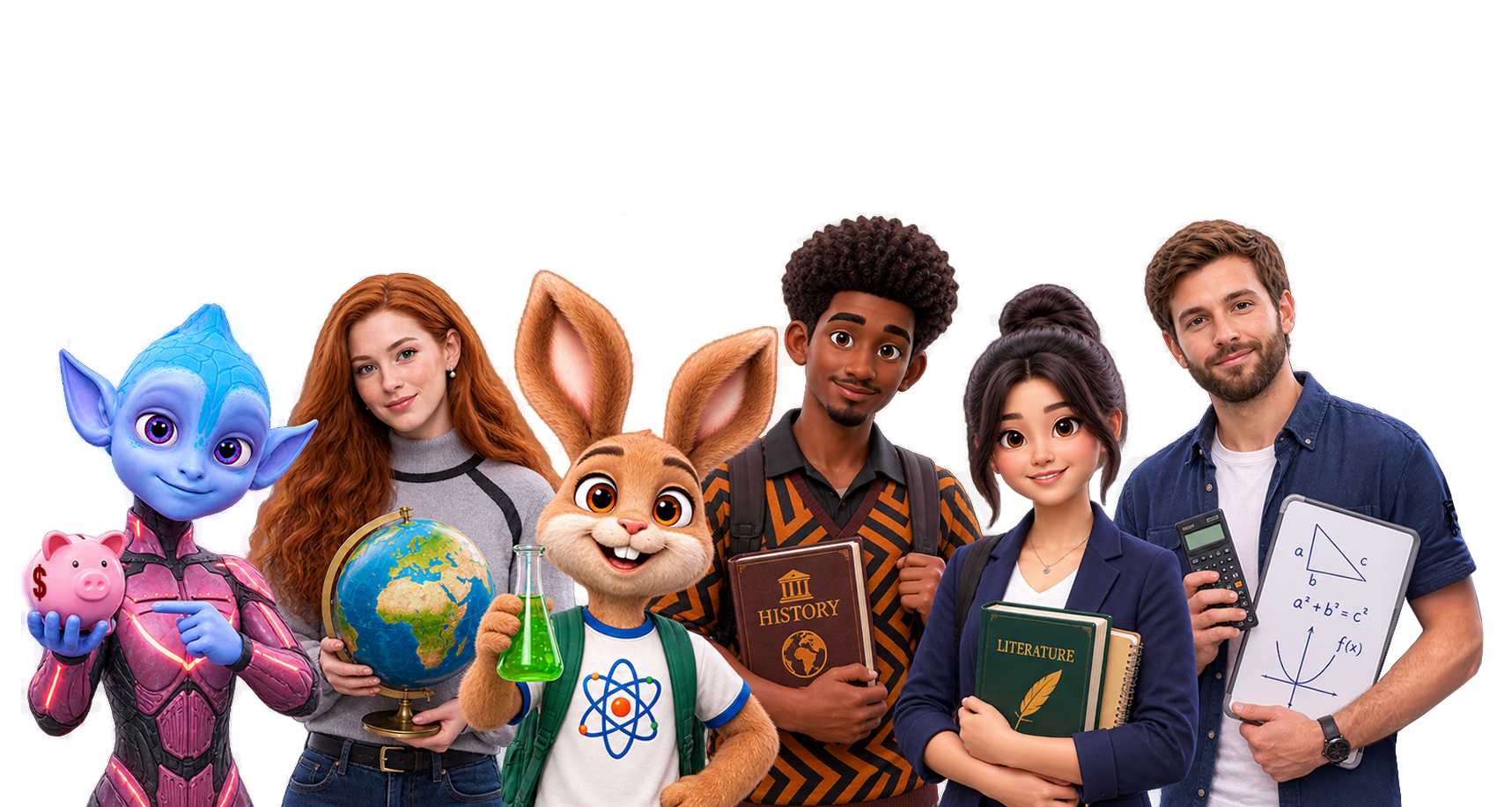 Interactive learning characters and students standing together, each holding subject materials