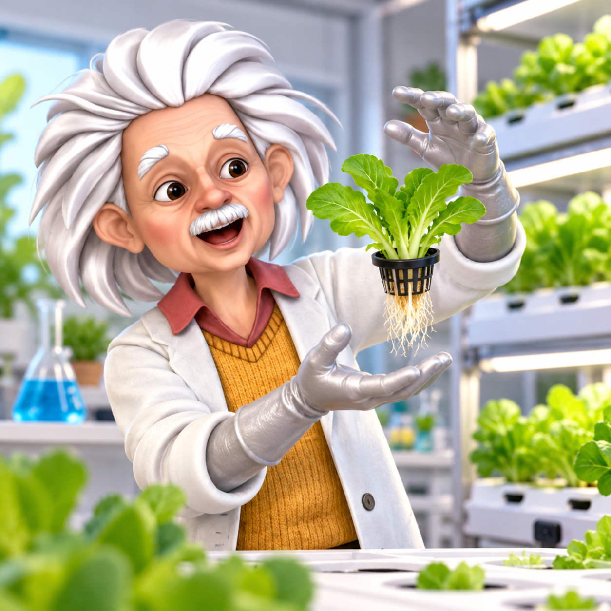 Animated Albert Einstein character holding a lettuce plant in a hydroponics lab.