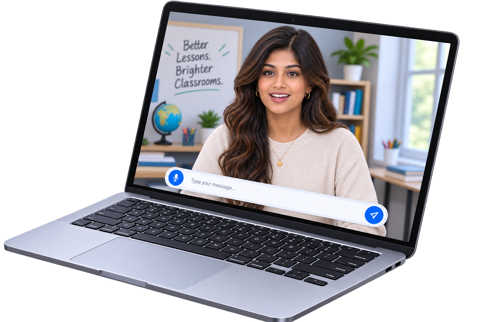A laptop showing an Interactive Teaching Coach on screen, ready to talk with the teacher
