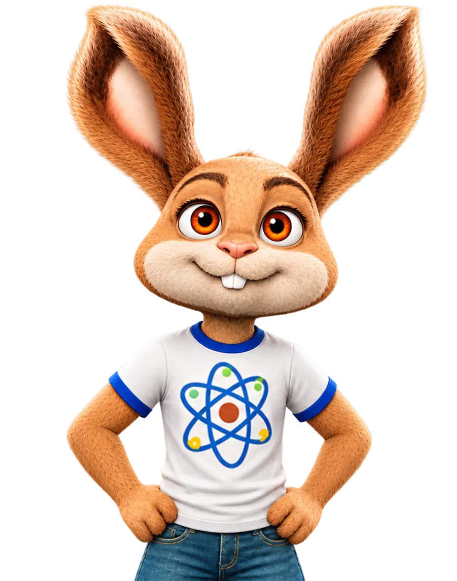 Bugsy, an interactive rabbit character in a science t-shirt