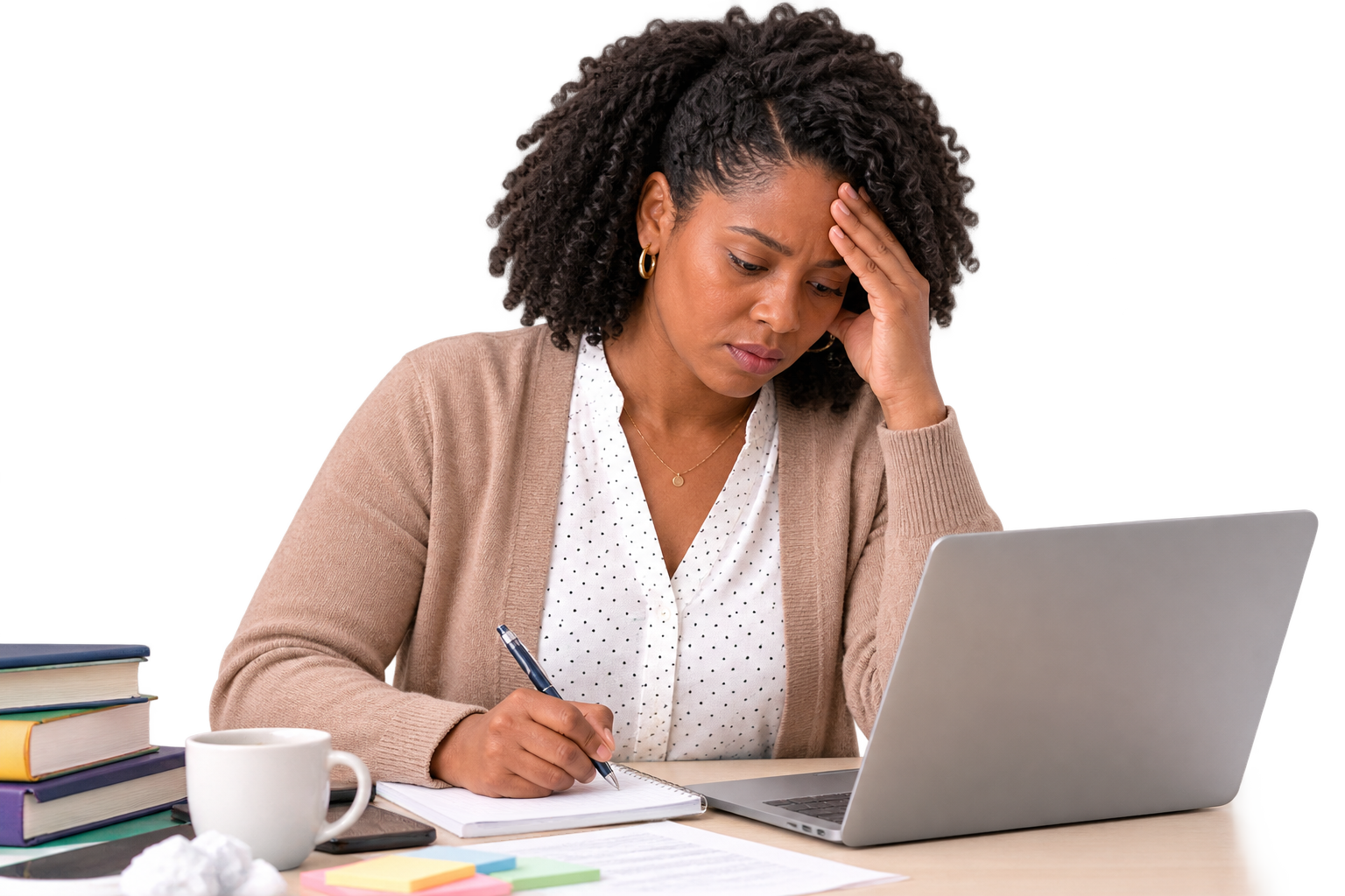 Teacher working late at her laptop surrounded by books and notes