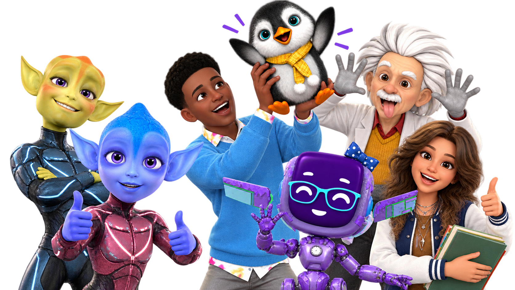 An ensemble of Green Our Planet Studios educational characters.