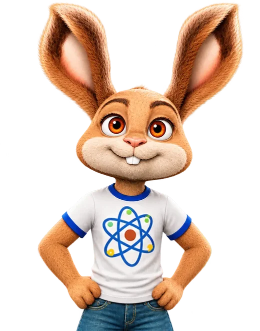 Bugsy, an interactive rabbit character in a science t-shirt