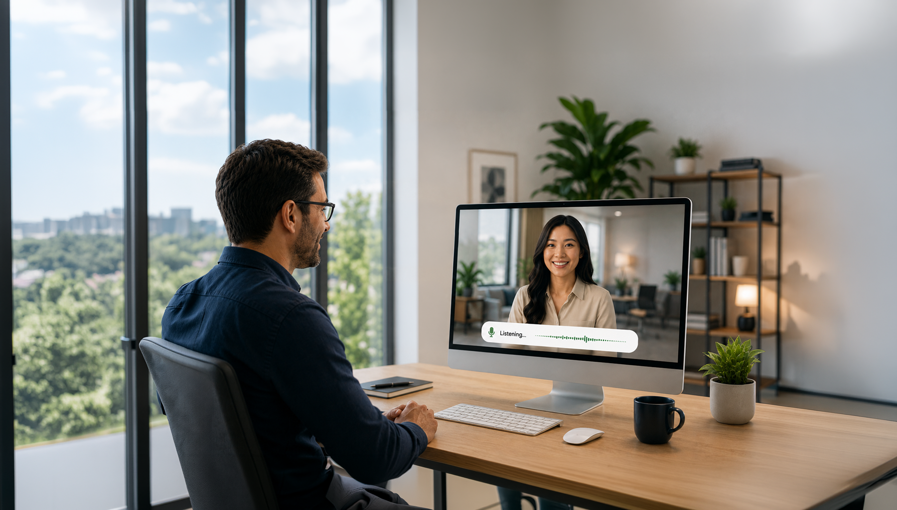 A professional at an office desk speaking with a friendly interactive guide on a large desktop monitor while a listening indicator shows the guide responding.