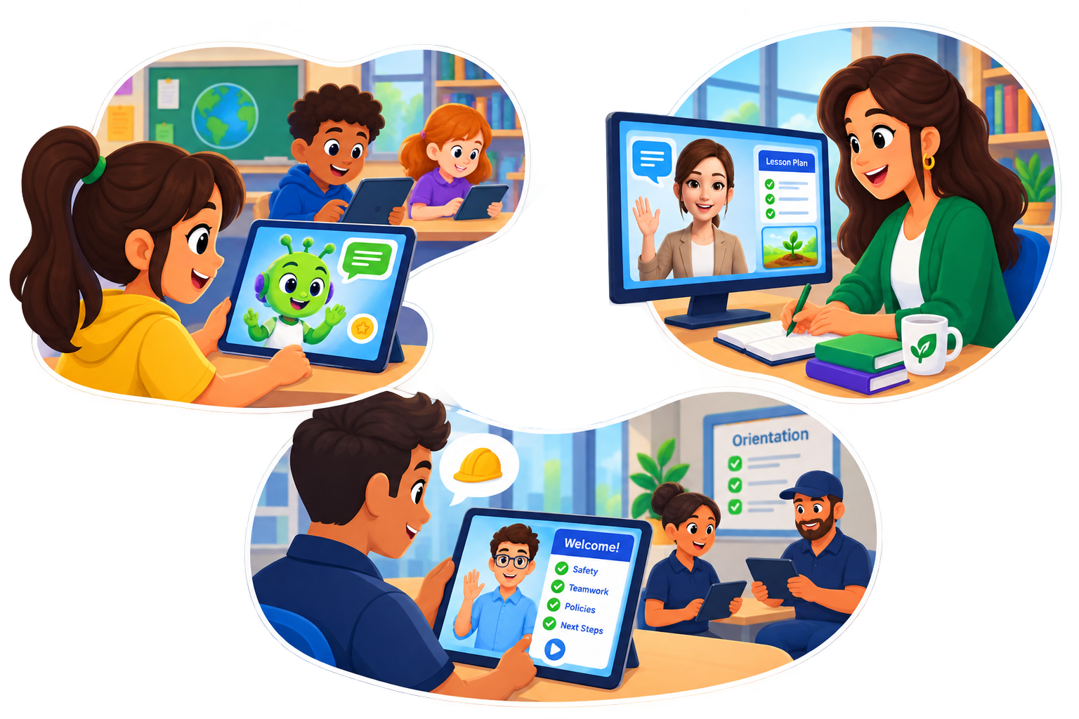 Illustration of interactive avatars deployed on a student tablet, a teacher's monitor, and a workplace onboarding tablet.
