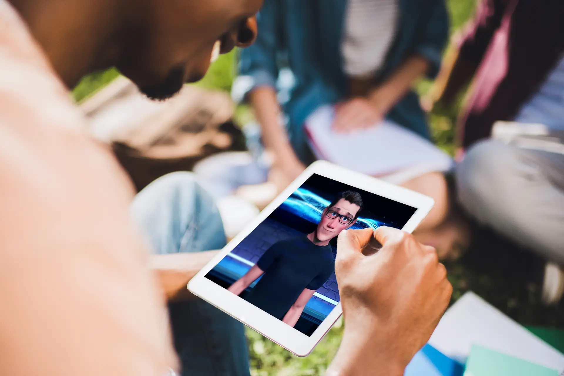 A person talking with an interactive character on a tablet