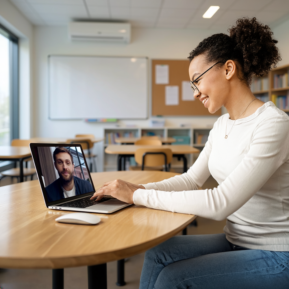 A teacher working one-on-one with an interactive teaching coach while preparing a lesson.