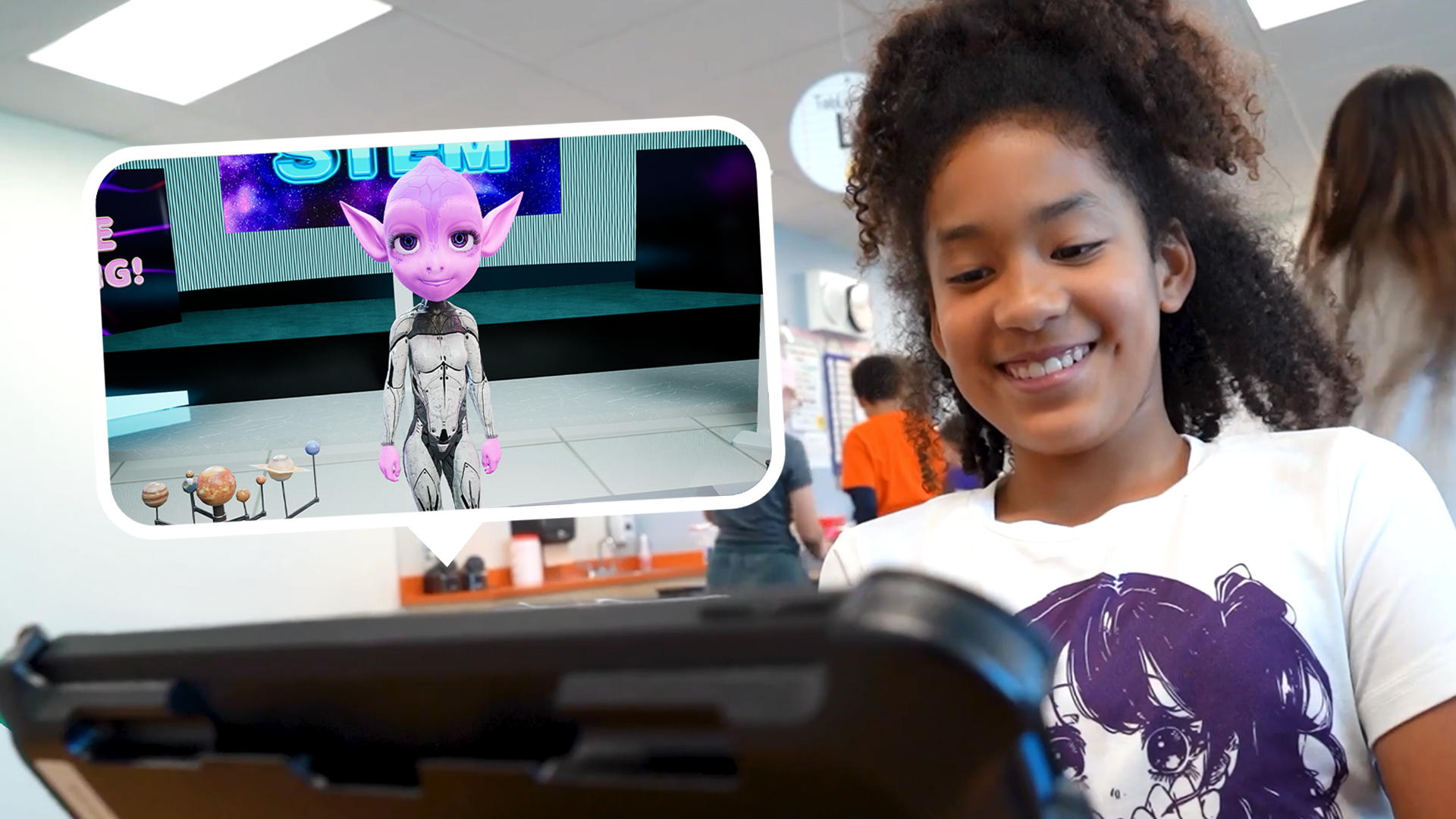 A student smiling while working with an interactive character on a tablet