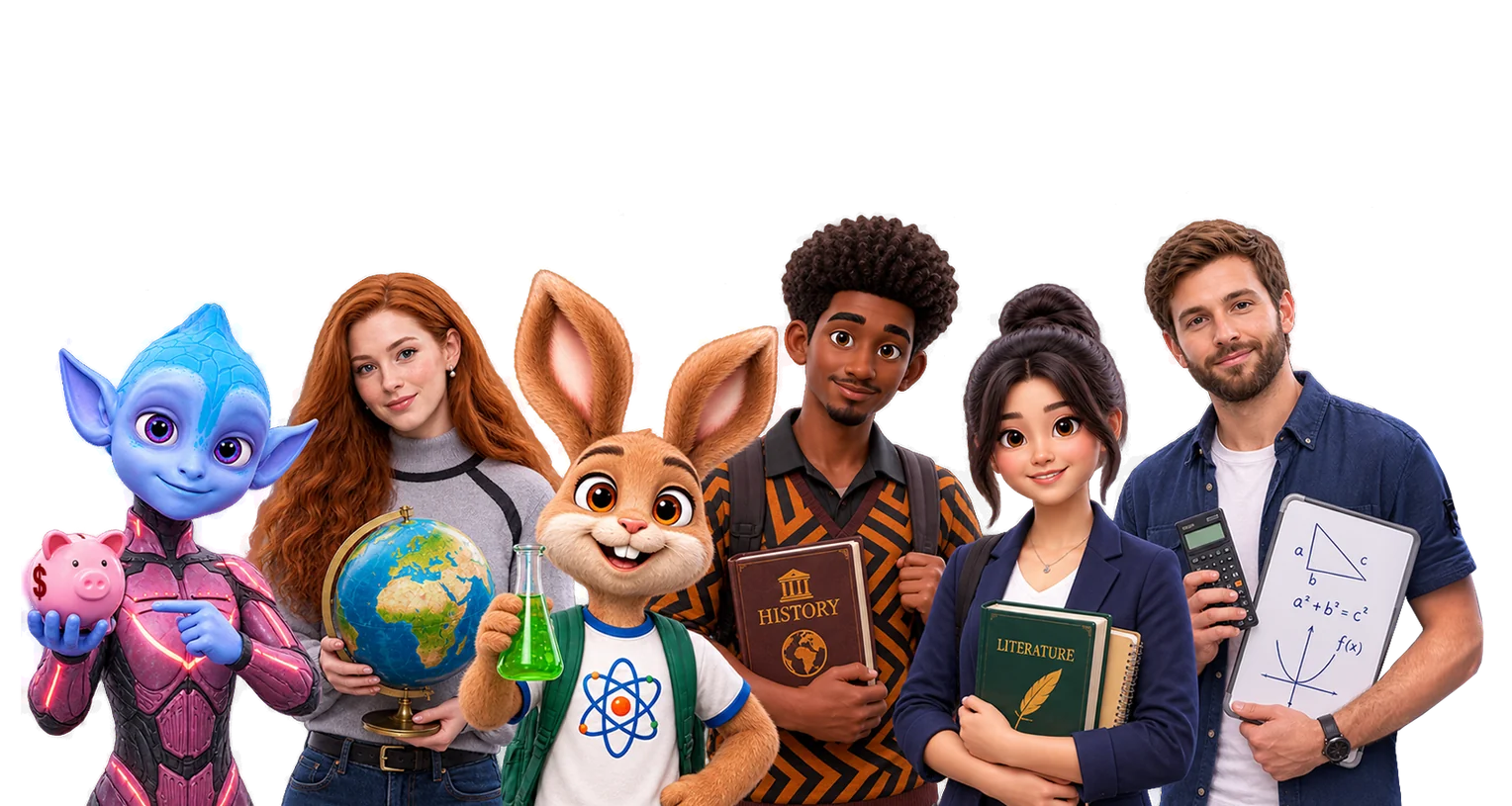 Interactive learning characters and students standing together, each holding subject materials