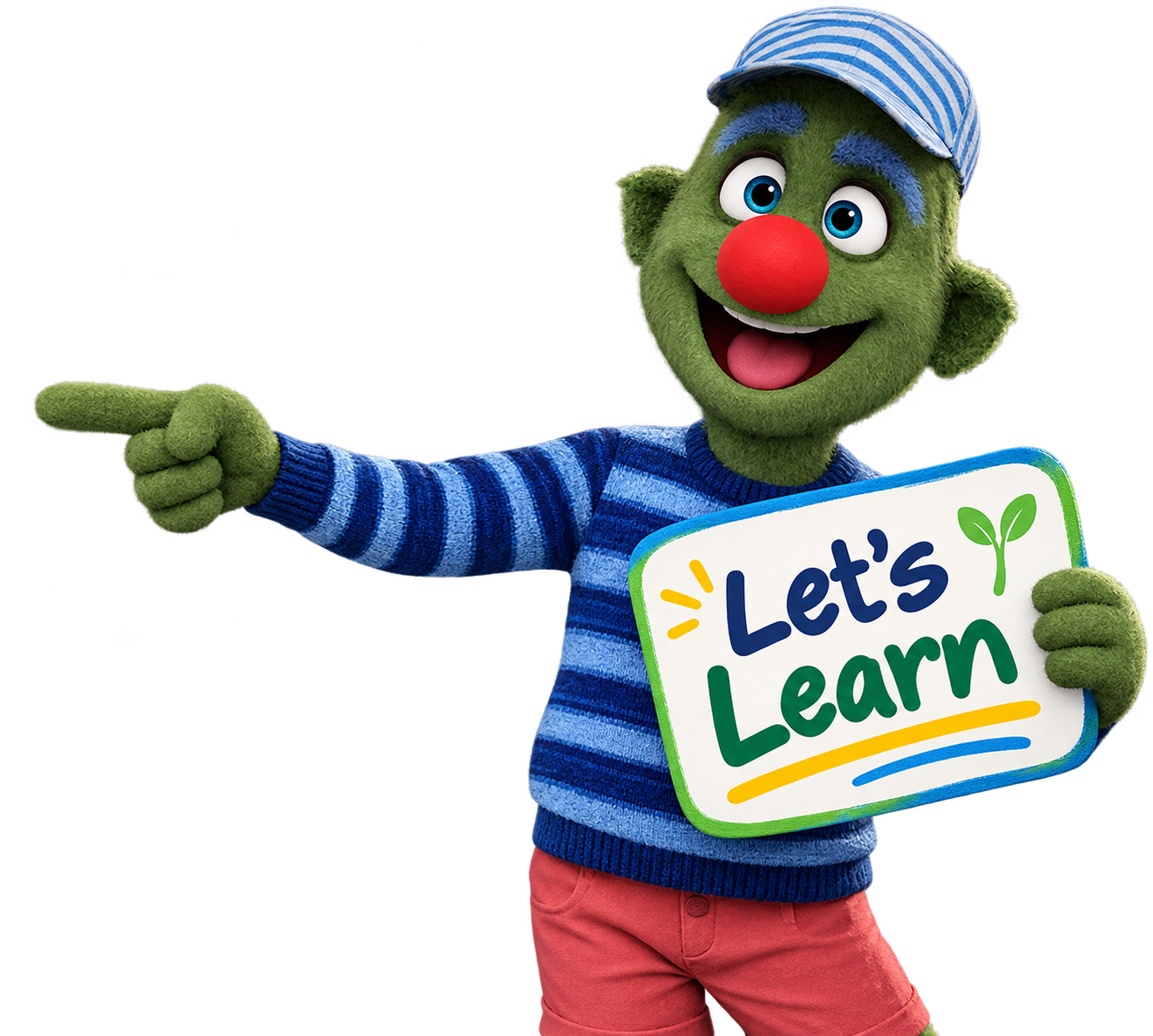 Bugsy, an interactive teaching character, holding a Let's Learn sign and pointing