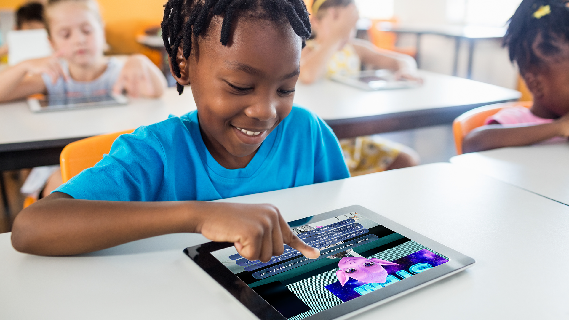 Students working through questions on a tablet with their interactive teaching assistants.
