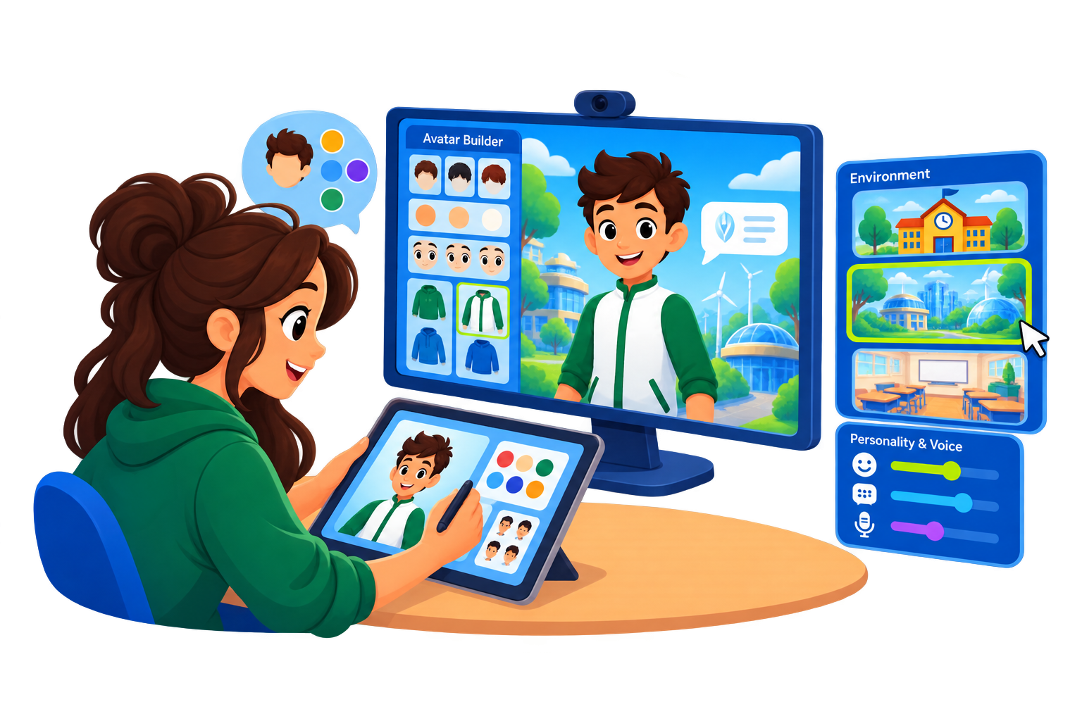Illustration of a designer using an avatar builder on a tablet and monitor to customize an avatar, its environment, personality, and voice.