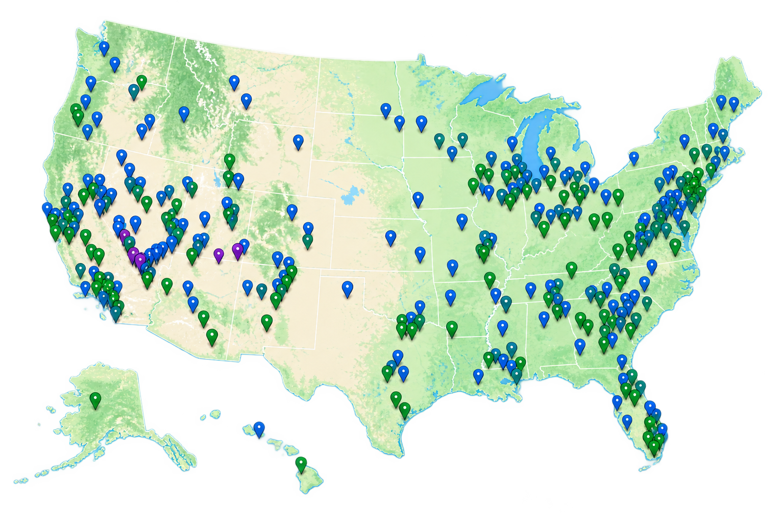 Map of the United States showing the locations of schools that use Green Our Planet Studios educational products.