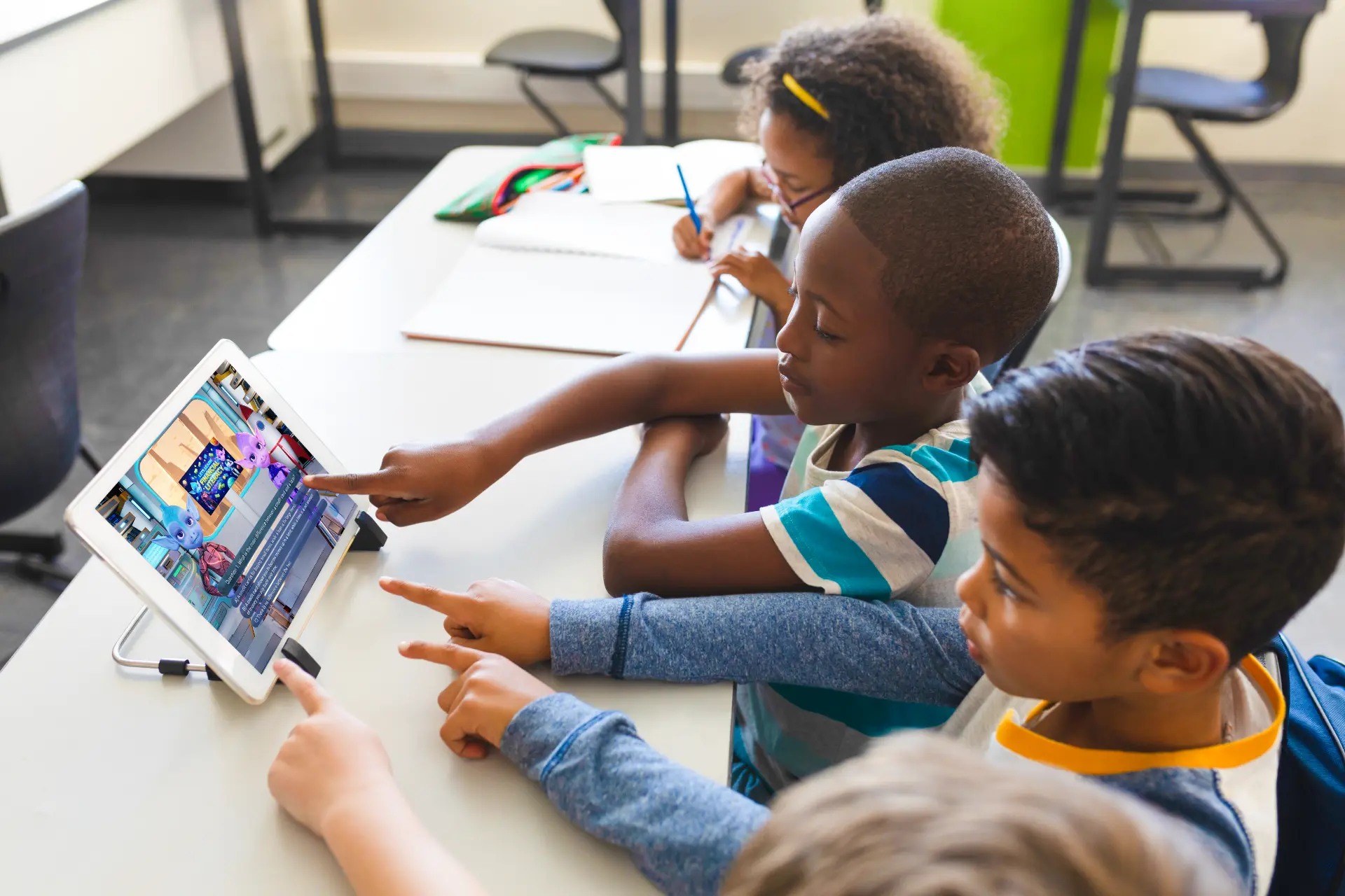 A small group of students gathered around a tablet, interacting with an interactive teaching assistant character