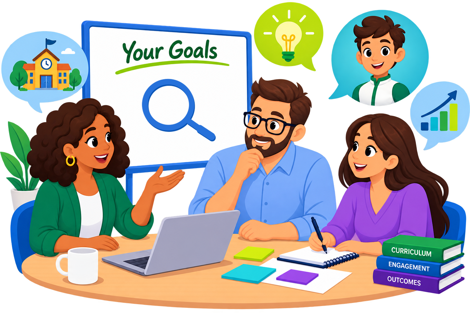 Illustration of a team meeting around a laptop and whiteboard reading Your Goals, with school, engagement, and outcomes ideas around them.