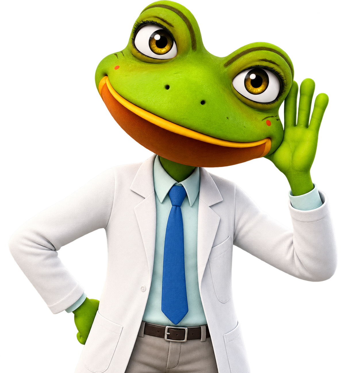 Dr. Splash, an interactive frog character in a lab coat, listening with a hand to his ear