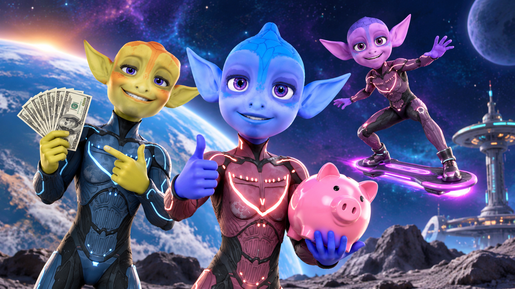 Financial literacy characters holding money and a piggy bank in space.