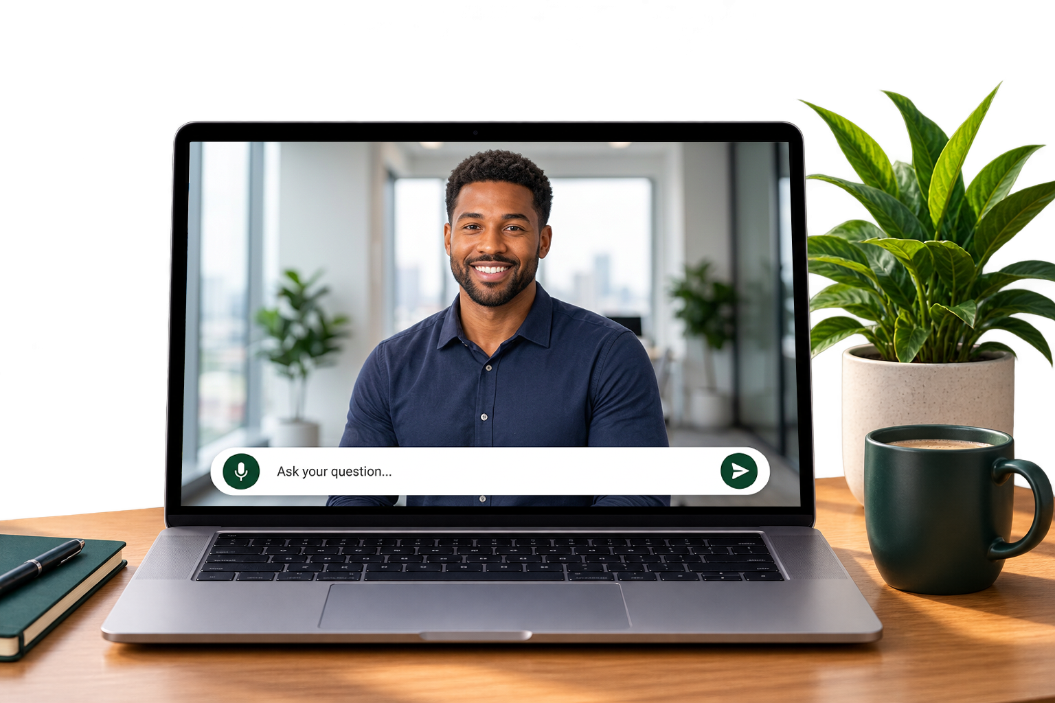 A laptop on a desk showing Marcus, an employee trainer, ready to answer an employee's question.