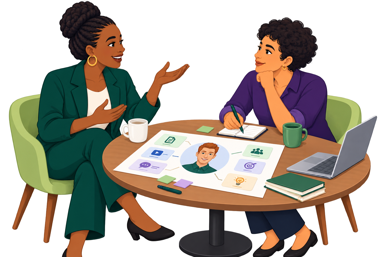 Two team members collaborating at a table around an illustrated character and idea icons