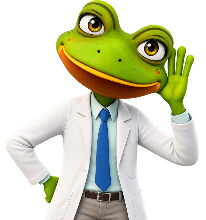 Dr. Splash, an interactive frog character in a lab coat, listening with a hand to his ear